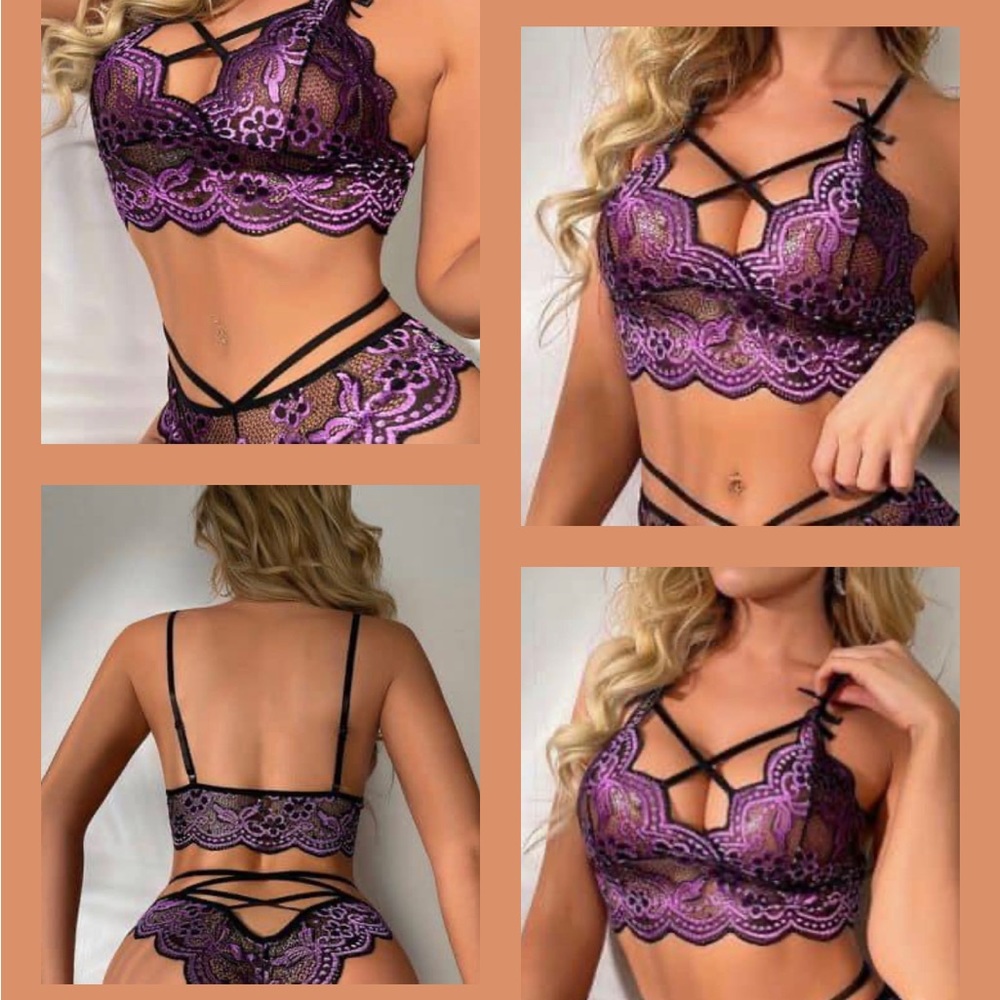 Sexy Hot floral Lace Lingerie set Scallop trim Bra & criss cross cut out panties